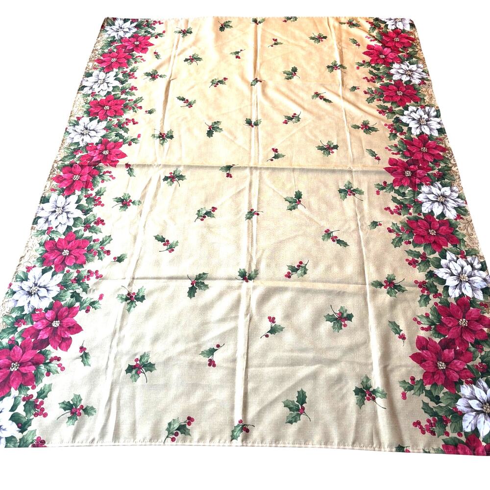 Christmas Tablecloth golden with red poinsettias border print buffet sized cloth